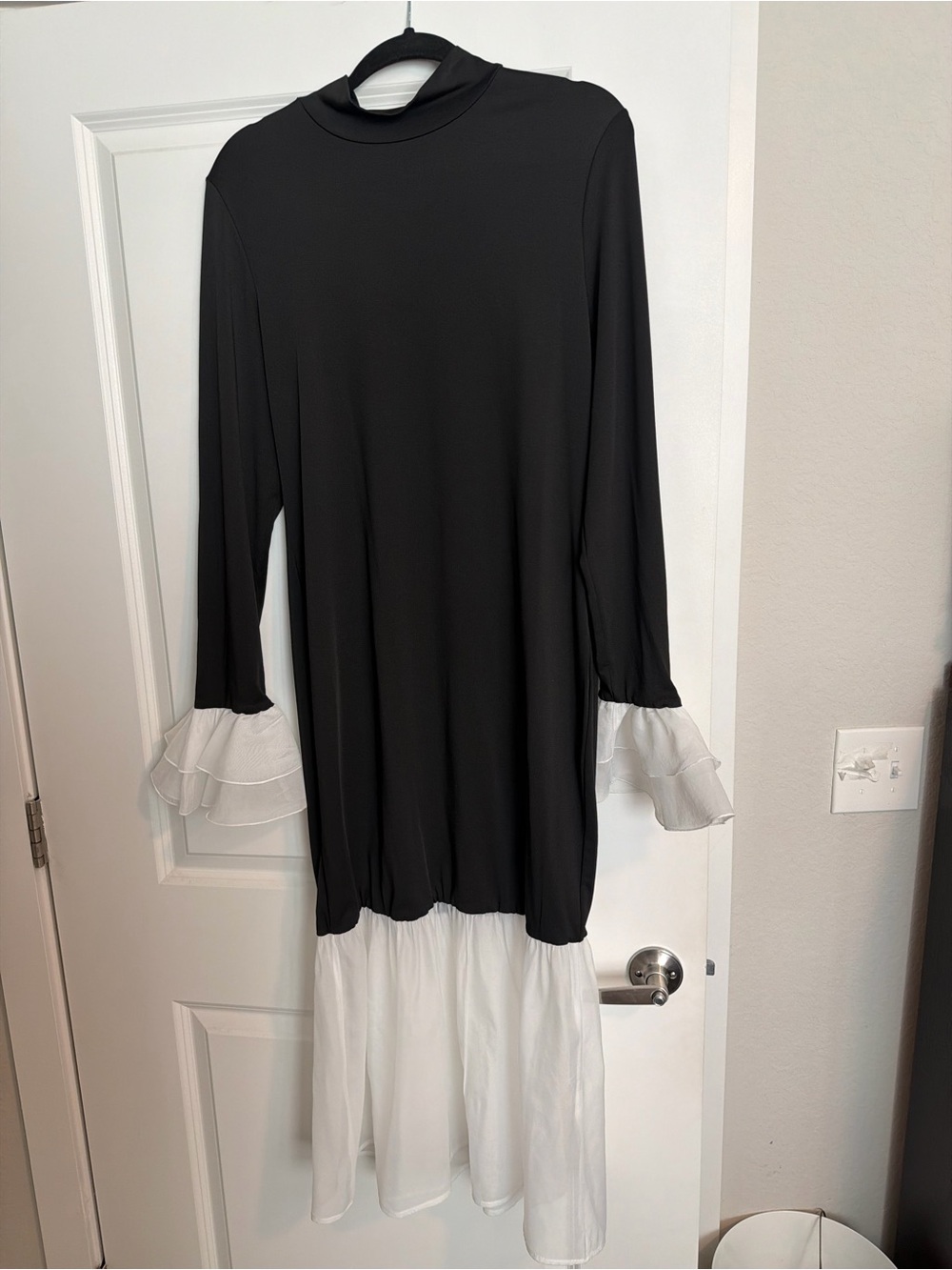 Black and White Long Sleeve Ruffle Hem Dress